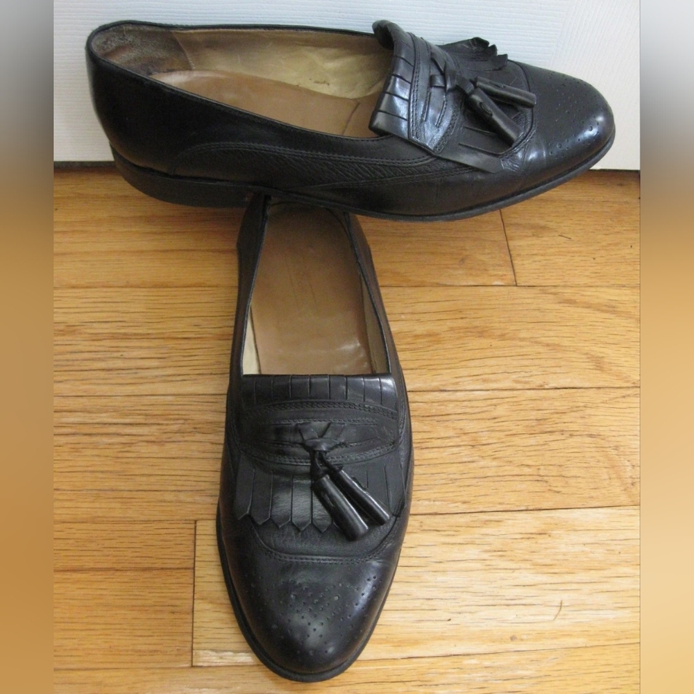 JOHNSTON & MURPHY 3195 MENS BLACK LEATHER TASSEL KILTIE SLIP-ON LOAFERS SIZE 9 M
